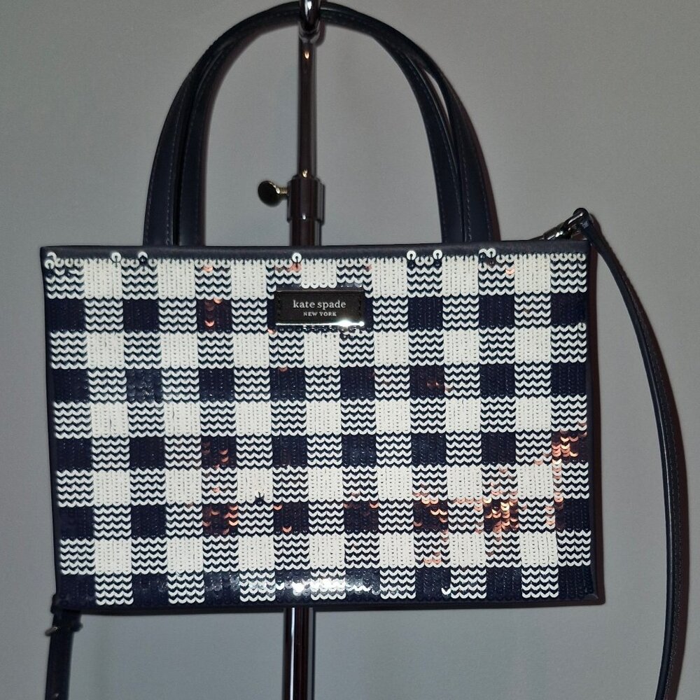 KATE SPADE SAM ICON BLAZER BLUE SEQUIN GINGHAM TOTE BAG KB162